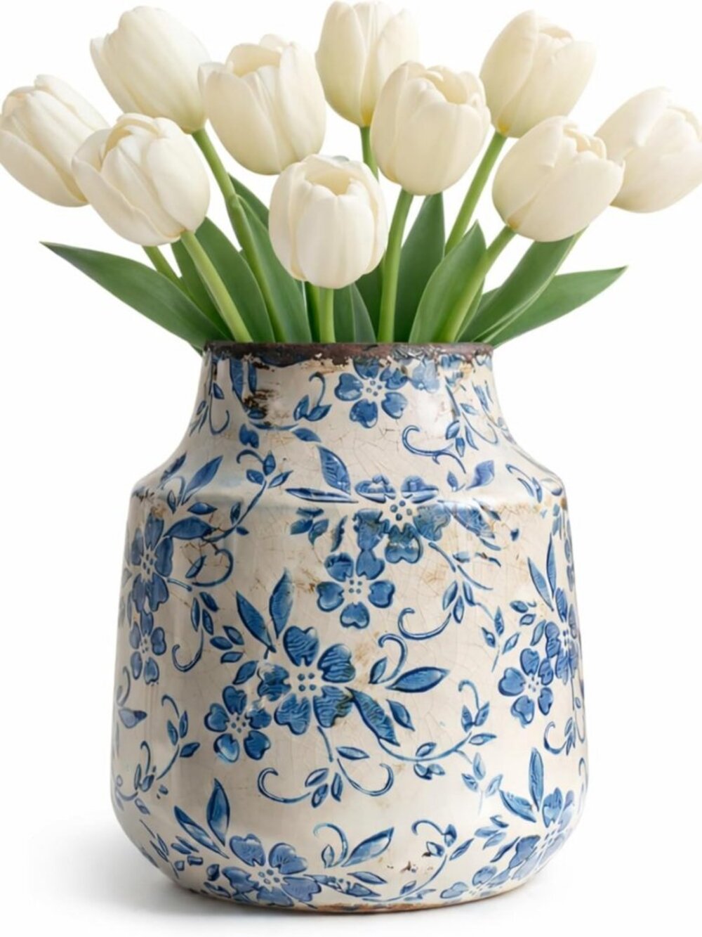 Vintage Blue & White Ceramic Vase - Decorative Pottery for Tulips, French